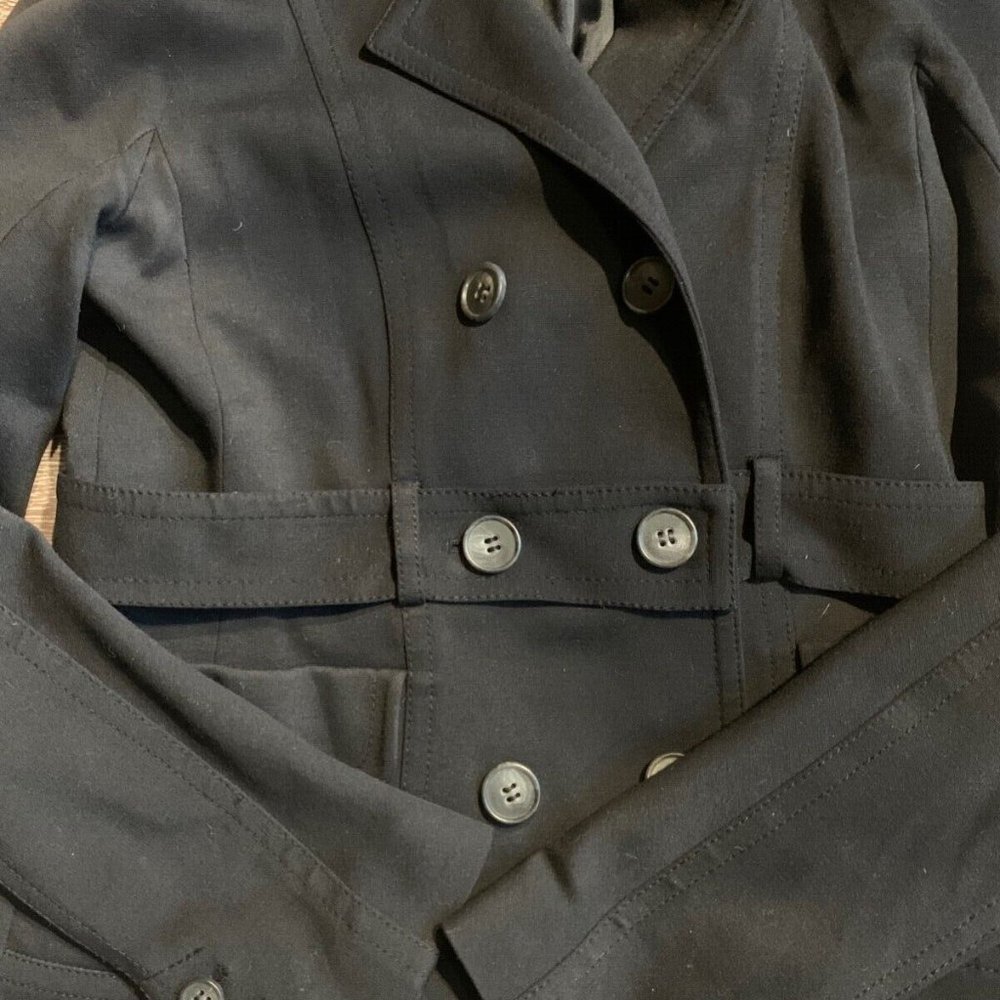 THEORY Black Dress Coat Belted Button Pockets Leather Collar Size Medium - Picture 4 of 6